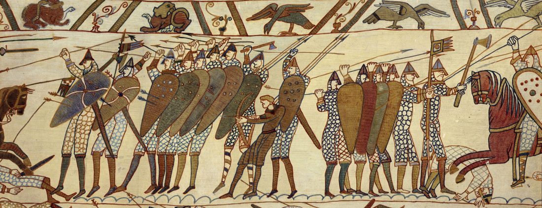 A detail from the Bayeux Tapestry showing the shield wall at the Battle of Hastings, 1066